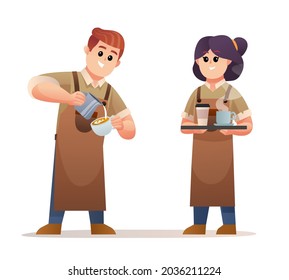 Cute male barista making coffee and the female barista carrying coffee with tray character set