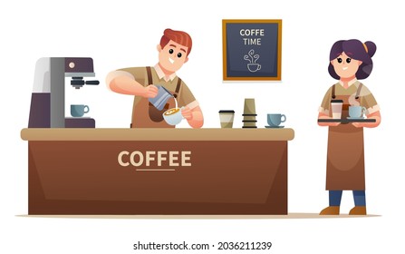 Cute male barista making coffee and the female barista carrying coffee at coffee shop illustration