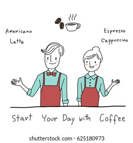 Cute male barista and smiling female barista with aprons raising hands in a gesture of coffee menu in their cafe. Vector illustration with hand-drawn style.