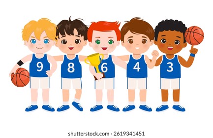 Cute male basketball team pose with trophy and ball