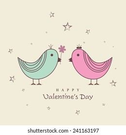 Cute male bird proposing his beloved with flower on occasion of Happy Valentine's Day.