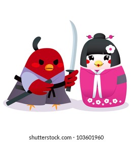 Cute male bird Samurai and female bird Geisha couple in traditional clothing