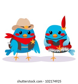 Cute male bird Sheriff and female bird can-can dancer couple