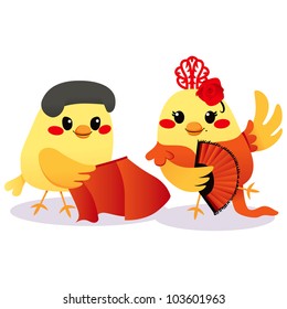 Cute male bird Torero and female bird Flamenco dancer couple