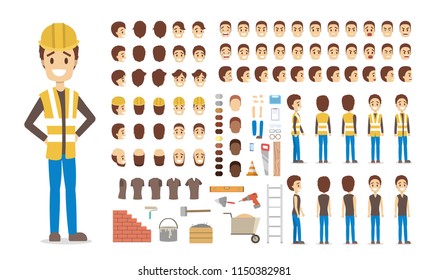 Cute male builder character in uniform set for animation with various views, hairstyles, face emotions, poses and equipment. Isolated vector illustration