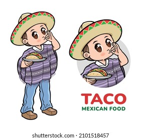 A cute male cartoon character holding a plate of taco, mexican food.