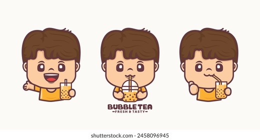 Cute male cartoon mascot with bubble tea, suitable for culinary identity.