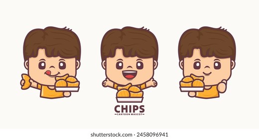Cute male cartoon mascot with chips, suitable for food and culinary identity.