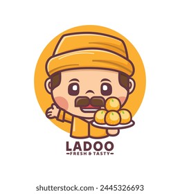 cute male cartoon mascot with ladoo indian food, vector illustration in outline style, perfect for culinary identity, cartoon icon, sticker, etc.