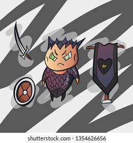 Cute male character. Cartoon game design warrior with sword shield and back or flag.