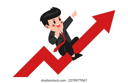 cute male character going up arrow pointing up. businessman flying with graph. concept of business, success, growth, finance. flat vector illustration.