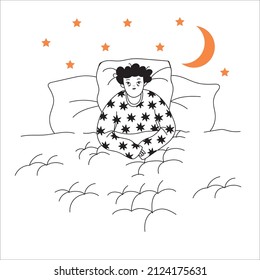 Cute male character lying in bed and can't sleep. A man suffers from insomnia. Starry sky. Vector illustration in the style of a doodle on an isolated white background.