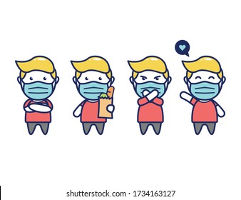 cute male character man shopping wear face mask cartoon chibi style