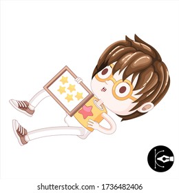 Cute male character mascot falling with 5 star board in hand.