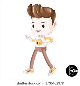 Cute male character mascot walking pointing.