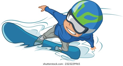 A cute male character is snowboarding in a halmet and goggles