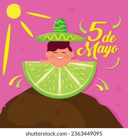 Cute male character with traditional hat and lemon Cinco de mayo poster Vector