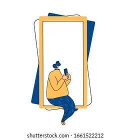Carácter masculino lindo usando su teléfono para enviar un mensaje. Joven sentada y cantando con su smartphone. Hombre leyendo una noticia en internet. Ilustración vectorial.