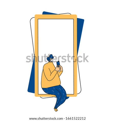 Cute male character using his phone for texting a message. Young person sittingand chating with his smartphone. Man reading a news on internet. Vector illustration.