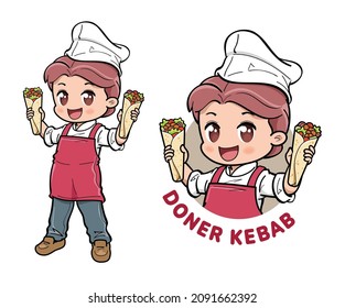 A cute male chef holding doner kebab, a Turkish dish.