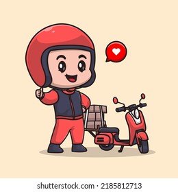 Cute Male Courier Delivery Package With Motorcycle Cartoon Vector Icon Illustration. People Transportation Icon Concept Isolated Premium Vector. Flat Cartoon Style