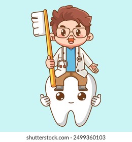 Cute male dentist with tooth character chibi kawaii mascot illustration outline style set