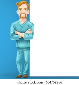 Cute male doctor in green surgical suit with arms folded stand near big vertical banner on blue background