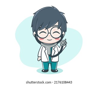 Cute male doctor holding stetophone cartoon illustration