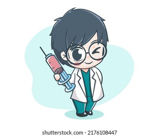 Cute male doctor holding syringe cartoon illustration