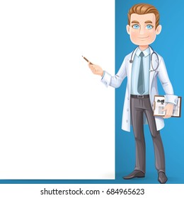 Cute male doctor with stethoscope and medical history on the document table shows big white banner and stand on the blue background