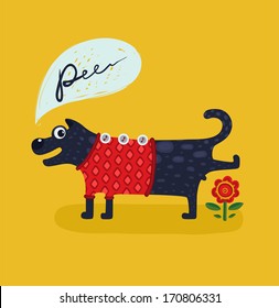 Cute Male Dog Peeing Illustration. Animal doing pee funny cartoon drawing. Vector illustration EPS8.