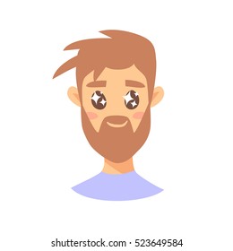 Cute male emoji character. Cartoon style emotion icon. Isolated boys avatar with smiling facial expression. Flat illustration men's emotional face. Hand drawn vector drawing emoticon