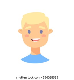 Cute male emoji character. Cartoon style emotion icon. Isolated boys avatar with smiling facial expression. Flat illustration men's emotional face. Hand drawn vector drawing emoticon