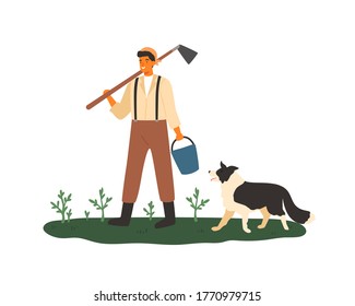 Granjero macho con la ilustración plana de un vector de casco y cubo. Trabajador agrícola sonriente parado con perro sobre hierba verde con plantas aisladas en blanco. Hombre agronómico en las tierras agrícolas