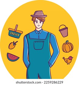  	
Cute male farmer working on farm handdrawn vector illustration cartoon