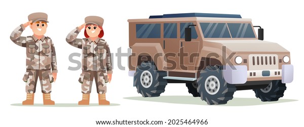Cute male and female army soldier\
characters with military vehicle cartoon\
illustration