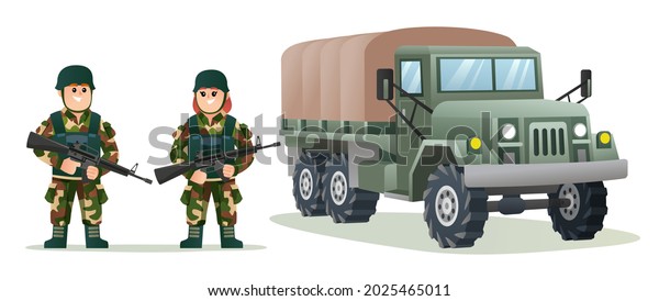 Cute male and female army\
soldiers holding weapon guns with military truck cartoon\
illustration