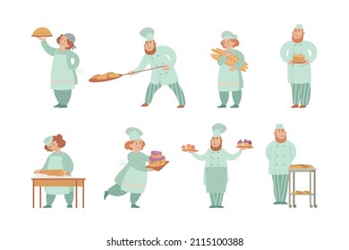 Cute male and female bakers in uniform cartoon illustration set. Man and woman cooking cake, rolling out bread dough, making recipe for bakery. Chef character on white background. Job, kitchen concept