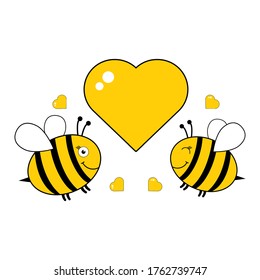 Cute male and female bee love with heart. Cartoon lovely vector illustration isolated on white.