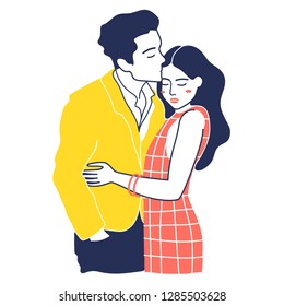 Cute male and female cartoon characters in love. Romantic couple. Colored vector illustration 