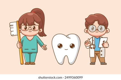 Lindo dentista de pareja femenina masculina con carácter de diente kawaii chibi mascota conjunto de ilustración