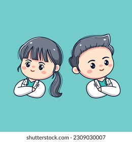 Cute male and female doctor kawaii chibi flat outlined character half body