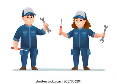 cute male and female mechanic characters holding spanner and screwdriver