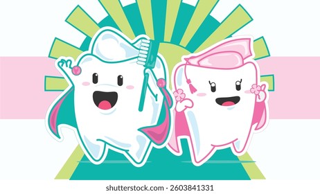 cute male and female tooth mascot. Vector illustration
