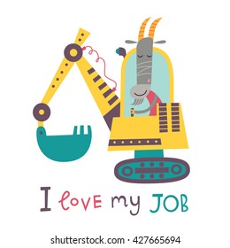 Cute male goat excavator operator. Vector illustration on a white background. 