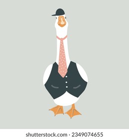 Cabeza macho bien vestida con un chaleco, corbata y una gorra. Ilustración antropomórfica, vectores aislados de aves de moda