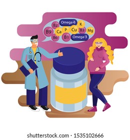 cute male gynecologist tells a pregnant patient about the benefits of vitamins. Support of pregnancy and childbirth. Antenatal clinic. Women's health. Healthy kid. Flat cartoon vector style