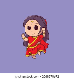 Cute Male Indian People Dancing Bollywood With Red Dress Flat Cartoon Style Premium Vector