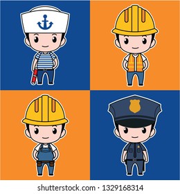 cute male kid flat vector character wearing sailor, policeman, and worker costumes 