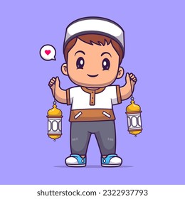 Cute Male Moslem Holding Lantern Lamp Cartoon Vector Icon Illustration. People Holiday Icon Concept Isolated Premium Vector. Flat Cartoon Style